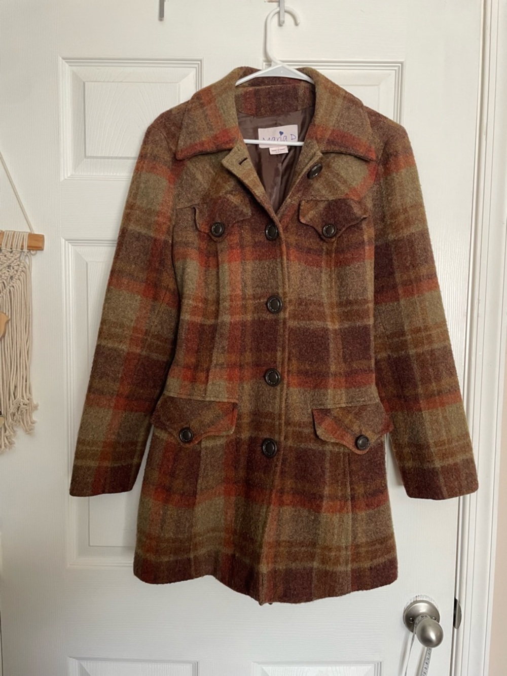 Maria D Women's size Large Plaid Wool Blend Coat - Brown Multi Color